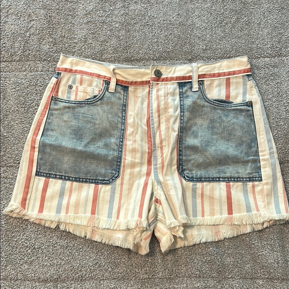 American Eagle Outfitters Cream and Blue Striped Jean Shorts